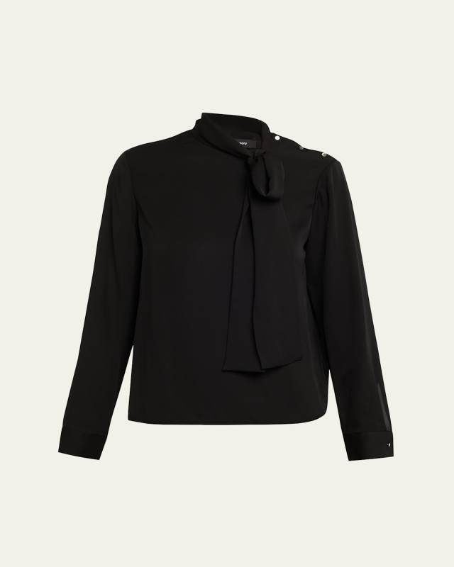 Long-Sleeve Silk Tie-Neck Blouse